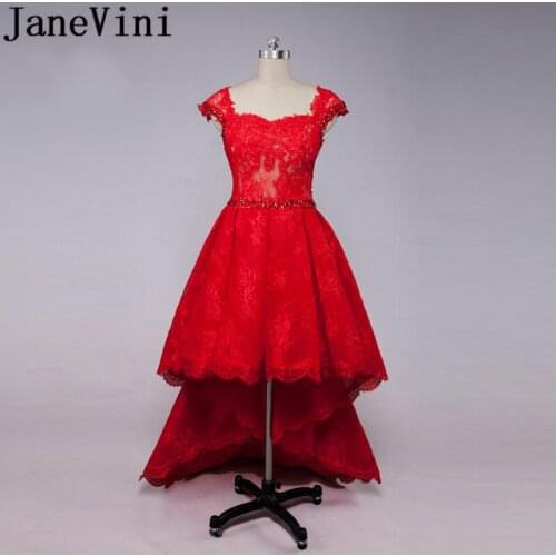 JaneVini Arabic Red Lace Bridesmaid Dresses With Crystal High Low Short Front Long Back Beaded Wedding Dress Party Women Gowns