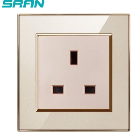 SRAN UK wall socket,13A 250V Gold crystal acrylic panel mirror plated silver edge 86mm*86mm power socket