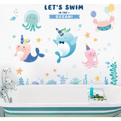 Cartoon Sea Animals Wall Stickers Kindergarten Kids Room Decoration Vinyl Bathroom Decals for Furniture Waterproof Wallpaper PVC