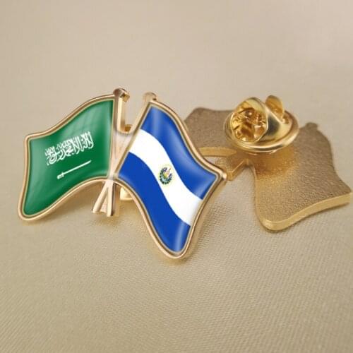 Saudi Arabia and El Salvador Crossed Double Friendship Flags Lapel Pins Brooch Badges
