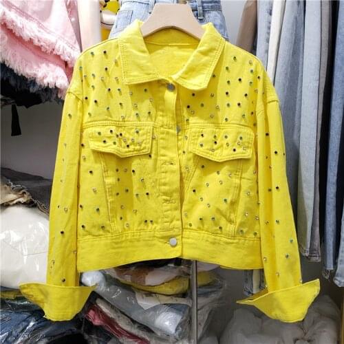 Manual Beaded Women Denim Jacket Yellow Light Blue White Short Coat Autumn 2021 Lapel Long Sleeve Jeans Jacket Casual Streetwear