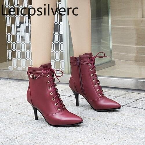 Autumn And Winter The New fashion Pointed zipper Lace-up belt bucke Fine heel High heel Short tube Womens Boots plus size 30-48