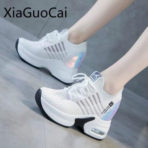 Platform Women Casual White Shoes 8cm Heels 2019 New Summer Womens Casual Sneakers Breathable Mesh Flat Shoes