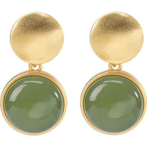 S925 sterling silver gold plated Hetian gray jade stud earrings personalized, stylish and simple earring pendant for ladies