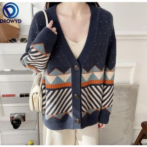 2021 Fashion Red V-neck Loose Korean Autumn and Winter Cardigan Sweater Coat Women Mid-length Single-breasted Jacket Coat Top