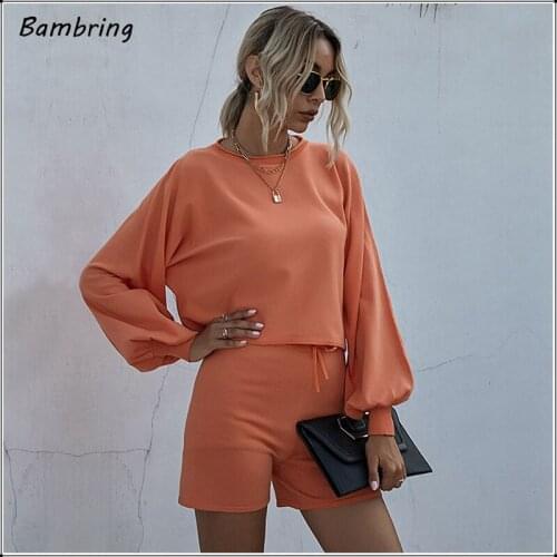 2020 Autumn Knitted Sweater Suit Women Two Piece Spring Bubble Sleeve Top Shorts Set Lady Loose Soft Knit Pant Slim Tracksuit