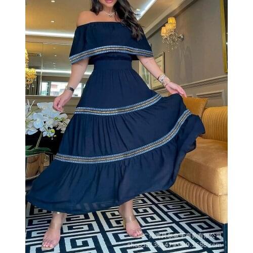 2021 diagonal collar fashion blue off shoulder summer dress solid dress high waist party womens large swing dress