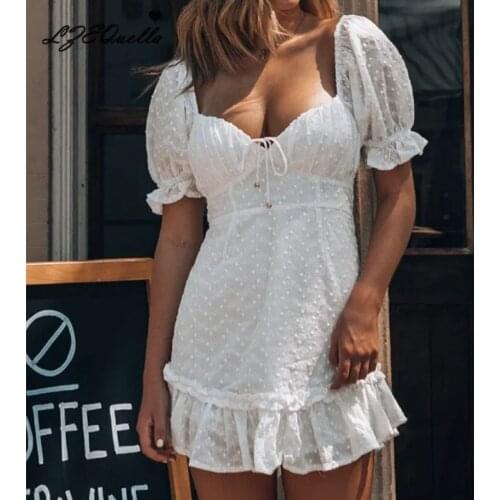 LZEQuella Women Sexy White Mini Dress Embroidery V Neck High Waist A Line Backless Bowtie Lace Up Puff Sleeve Dresses NZ3665