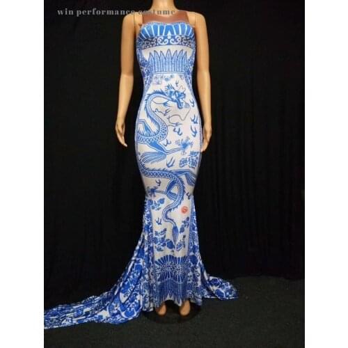 Chinese Style Vintage Blue Dragon Pattern Long Tail Mermaid Dress Women Singer Dancer Concert Stage Performance Stage Costume
