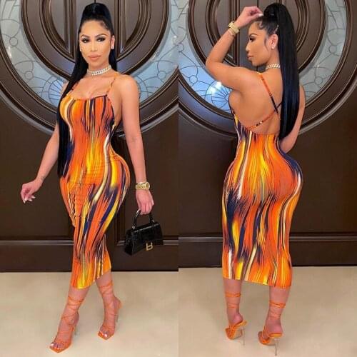 Tie Dye Halter Dresses for Women Yellow Print Bandage Harajuku Streetwear Sleeveless Sexy Backless Slim Party Club Bodycon Dress