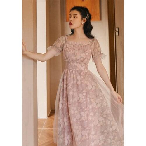 Fairy Dress Women 2021 Summer New French Retro Pink Sweet Floral Ruffled Square Neck Elegant Puff Sleeve Net Yarn Vestidos