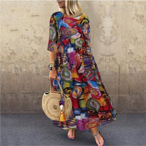 Autumn Summer Pleated Dress Women Vintage Printing Vestidos Robe Printed Long Maxi Dresses Plus Size Femme 3/4 Sleeve Tunic New