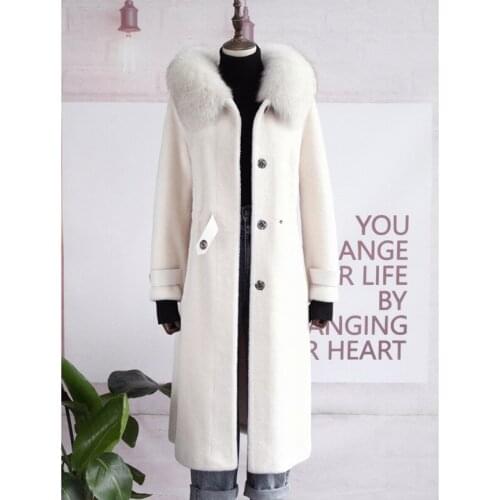 Winter 2202 Real Coat Fox Collar Long Wool Fur Jacket Korean Vintage Clothes Coats and Jackets Women 6988