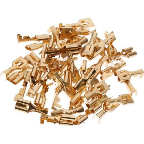 50Pcs Gold Brass Female Terminal Connector Cable Lugs Cable Plug Uninsulated Blank Cable Locking Connector 6.3mm