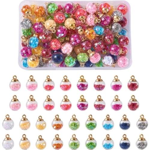 1 box Transparent Glass Globe Pendant Charm Glitter Sequins inside Plastic Cup Peg Bails for Jewelry Making DIY Craft Supplies