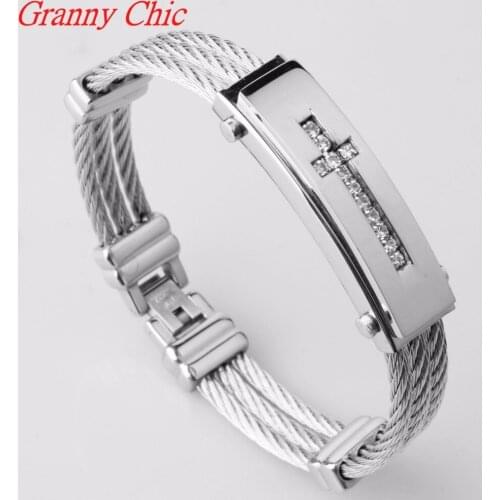 Granny Chic Wire Cable Chain Mens 12mm Bracelets Bangles Silveer Stainless Steel Jewelry CZ Cubic Zir Cross Design Fashion Gift