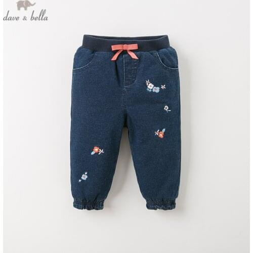 DB12218 dave bella winter girls pants baby fashion bow floral pockets padded trousers children high quality trousers