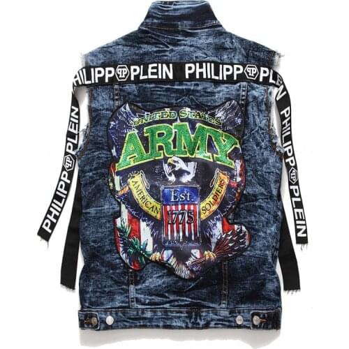 Spring and Autumn Mens Denim Vest Punk Personality Embroidery Motorcycle Cotton Jean Waistcoat Youth Badge Patch Stretch Jacket