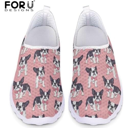 FORUDESIGNS Pink Cartoon Bulldog/Boston Terrier Print Light Mesh Ladies Shoes Summer Womens Flat Slip-on Famale Sneakers Mujer