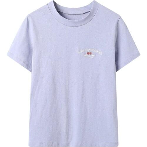 Sweet Girls Soft Cotton Vintage T-shirt 2021 Fashion Ladies Office Women Letter Embroidery Gouache Blue Round Neck T-shirt