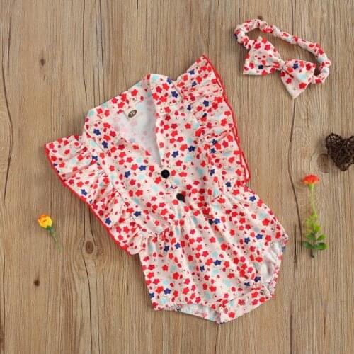 Baby Girls Two-Piece Suit, Flower Print Flying Sleeve Ruffles Romper and Headwear for Birthday Party Photography Summer 2021