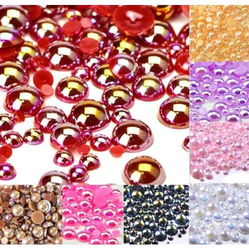 500Pcs Mixed 2-10mm Red AB Half Round Pearl Beads Craft Cabochon Scrapbook Decoration Flatback Nail Art Garment Beads DIY