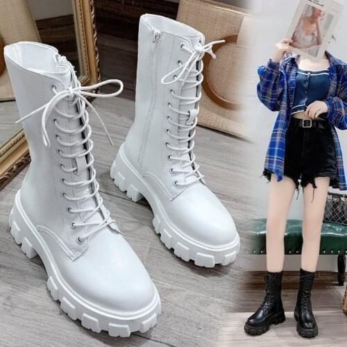 Lace-up&zipper motorcycle boots women muffins round toe knight botas solid color riding booties femme winter platform shoes 2020