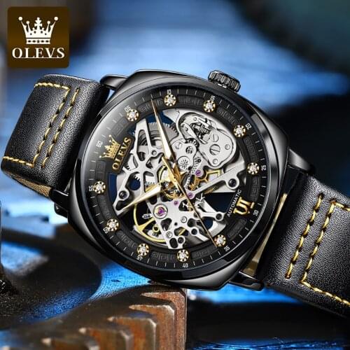 OLEVS Top Brand Men Classic Mechanical Watches Waterproof Watch Leather Strap Business Popular Casual Men Watch часы мужские