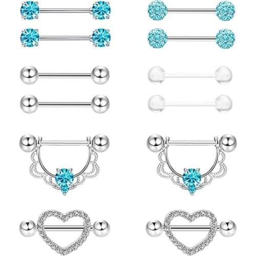 Stainless Steel Crystal Nipple Piercing Ring Set 14G Heart Sexy Nipple Piercing Bar Lot Nipple Body Jewelry Piercing Pezon Mujer