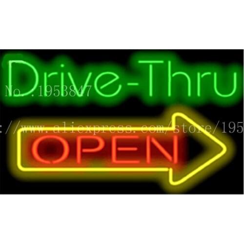 Drive-Thru OPEN with Right Arrow Neon sign Real Glass Tube Bulbs Light Bar Beer Club Decoration Signboard 19"x15"
