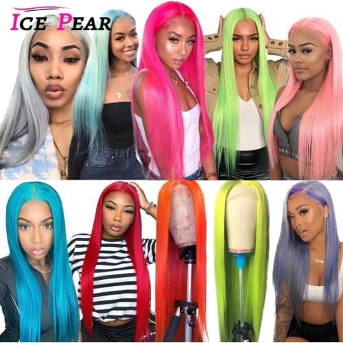 Green Gray Blue Purple Red Orange T Part Colored Human Hair Wigs For Women Peruvian Straight Remy Lace Frontal Human Hair Wigs