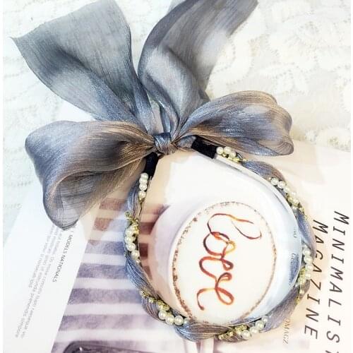 Korean version of floral big bow ribbon headband full drill twist braid pearl headband chiffon head buckle head band
