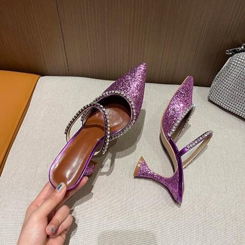 2021 summer new pointed rhinestone sequined stiletto slippers Baotou semi-drag sandals women