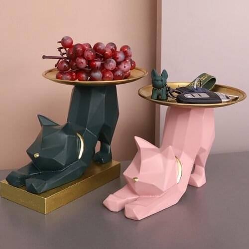 Creative Geometric Resin Cat Sculpture Metal Storage Tray Fruit Jewelry Cosmetics Storage Animal Figurines Crafts Home Ornaments