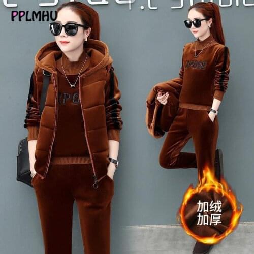 Plus size thicken zip vest sweatsuit tops pants 3 piece suit casual letter embroidery velvet tracksuit solid striped warm outfit