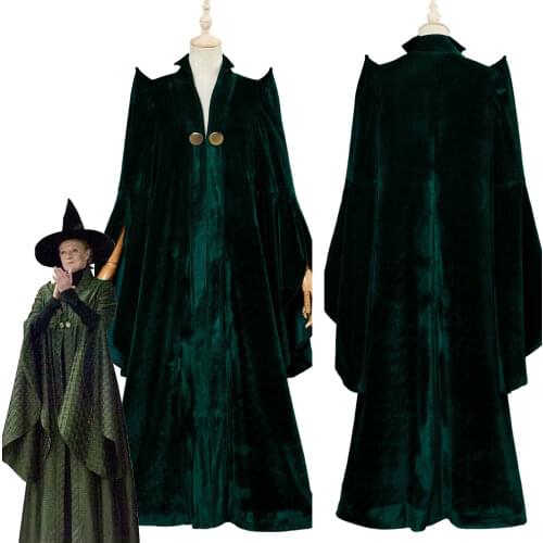 In Stock) High Quality Professor Minerva McGonagall Cosplay Costume Green Dress Cape Velvet Cloak Halloween Carnival Costume