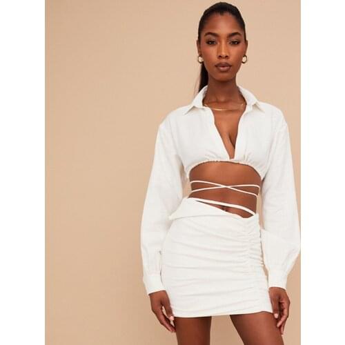 High Quality 2 Piece Set Women 2021 New Arrivals White Lace Up Dress and Top Set See Through Top Sexy for Evening Party Dress