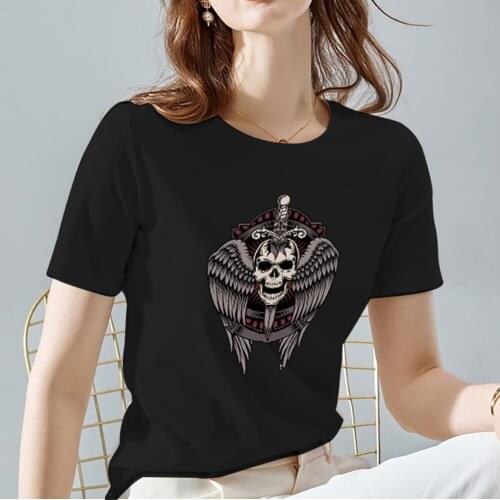 Womens T-shirt Round Neck Casual Vogue Ladies Tops Skull Pattern Print Series Tees Commuter Short Sleeve Female Clothing
