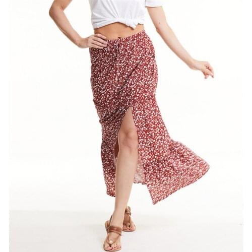 2021 Summer New Fashion Women Skirt Floral Print Gauze Split High Waist Stretchy A-line Skirt Casual Camping Picnic Dresses