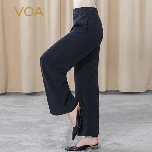 VOA 30m/m Sand Wash Fashion Silk Bottoms Womens Asymmetric Slant Woven Jacquard Edging Distressed Wide Leg Pants for Women KE199