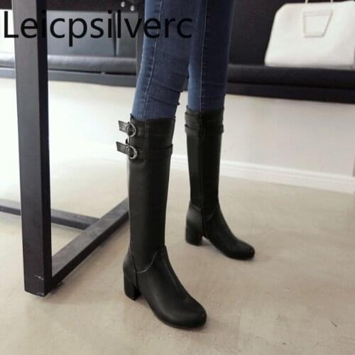 Womens Boots winter new style Metal Decoration Round head zipper Thick heel mid heel Womens Mid boots plus size 33-43