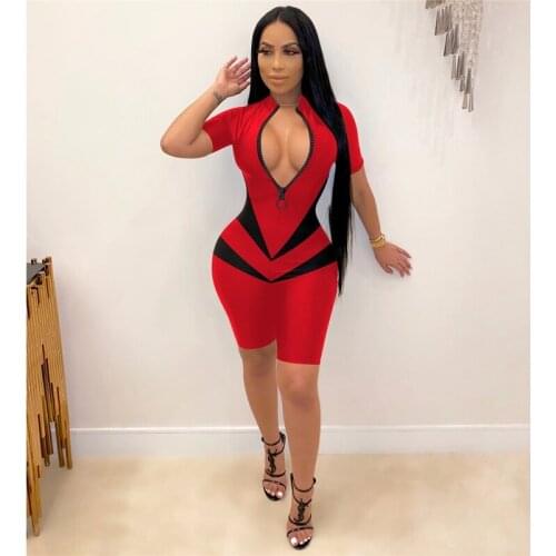 TNNAOFF Patchwork Front Zipper Bodycon Playsuits for Women Summer Fashion Short Sleeve Streetwear Club Sports Jumpsuit Shorts