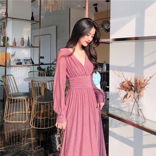 2020 Spring Autumn Red Long Dress Women Vintage Korean Style Lady Vestidos Long Sleeve Retro V Neck High Waist Bottoming Dress