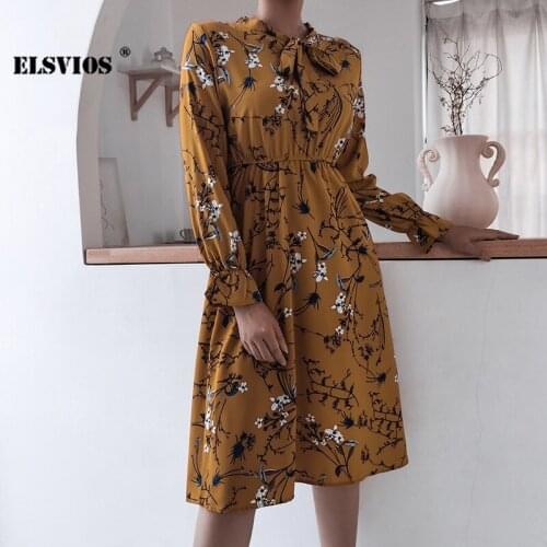 Spring Autumn Fashion Women Bow Lace-up Collar Floral Print A-line Dresses Casual Pleated Chiffon Flared Sleeves Elegant Dresses