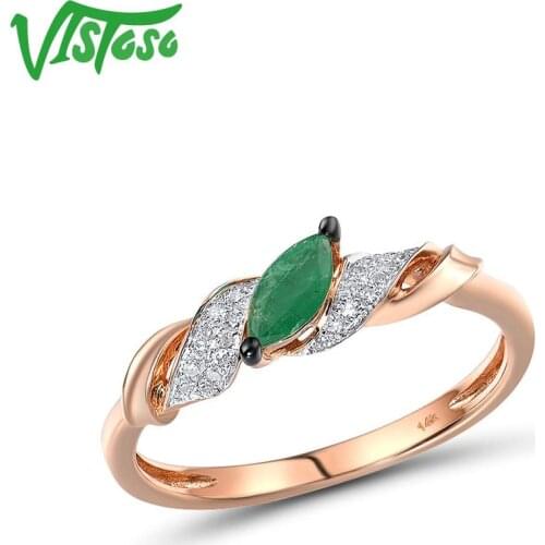 VISTOSO Gold Rings For Women Genuine 14K 585 Rose Gold Ring Magic Emerald Sparkling Diamond Engagement Anniversary Fine Jewelry