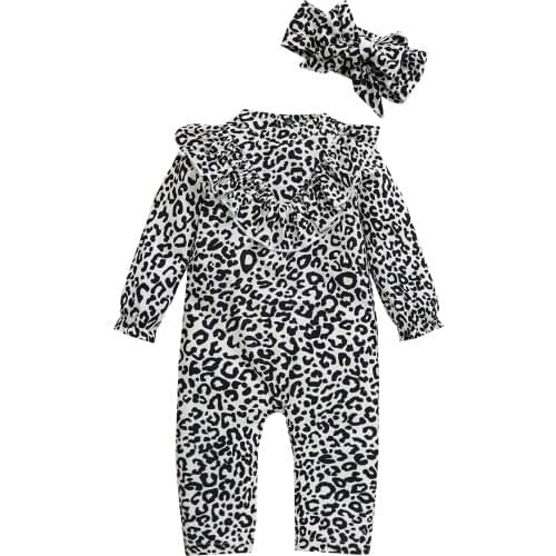 Infant Baby Girls 2Pcs Fall Outfits, Long Sleeve Leopard Print Ruffle Romper with Headband Set