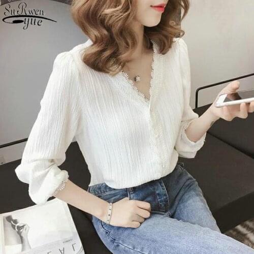 2021 Autumn Striped Lace Shirts Long Sleeve Single Breasted Shirts V-Neck Puff Sleeve Solid Womens Blouse Plus Size 3XL 11087