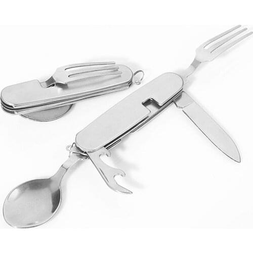 4 In 1 Camping Tableware Folding Spoon Fork Opener Knife Portable Stainless Steel Pocket Sets For Hiking Travel Survival Tools