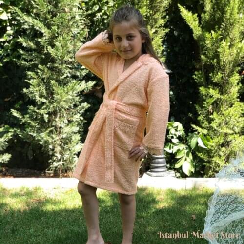 Lacy Hooded Children Bathrobes 9-12 ages Soft Bath Robe For Girls Kids Pyjamas Nightgown Kids Sleepwear Made in Turkey