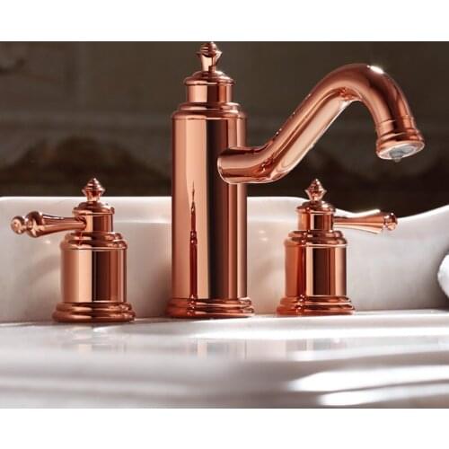 Best Luxury Rose gold brass Double handle three holes Widespread Bathroom Sink Faucet high quality Basin Vanity Mixer Tap